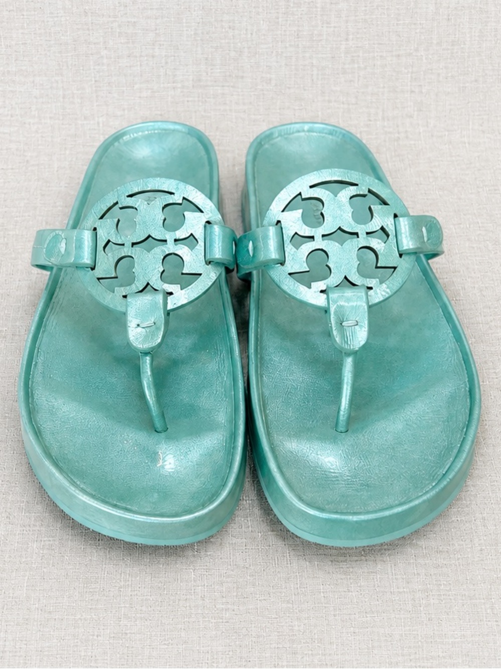 NWT Tory Burch Miller Cloud Sandals, Metallic Audrey Blue Leather - Size 8.5